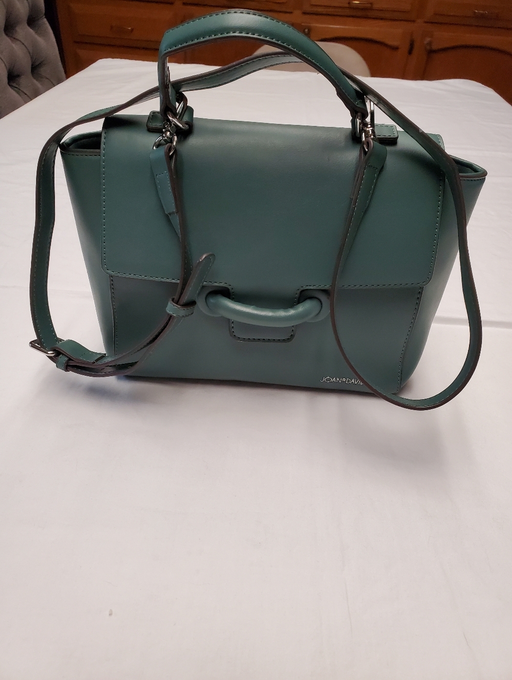 Joan & David Green Crossbody Purse Top Handle Satchel Structured Quiet Luxury